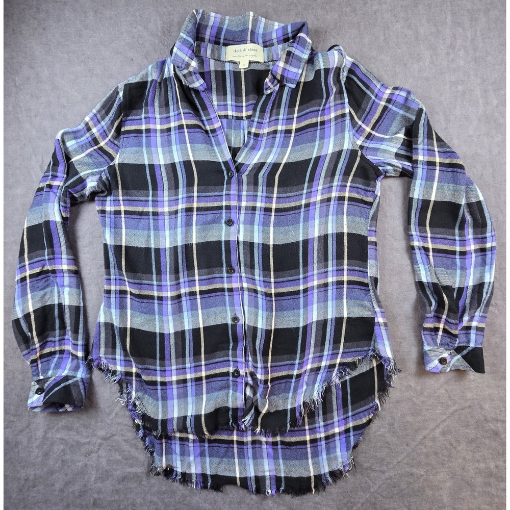 Anthropologie Cloth & Stone Blue Black Plaid Button Shirt Fringe Grunge Size S